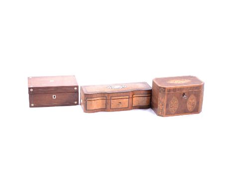 Victorian figured walnut workbox, Tunbridge ware and mother-of-peal inlay, fitted interior, width 28cm; French maple rosewood