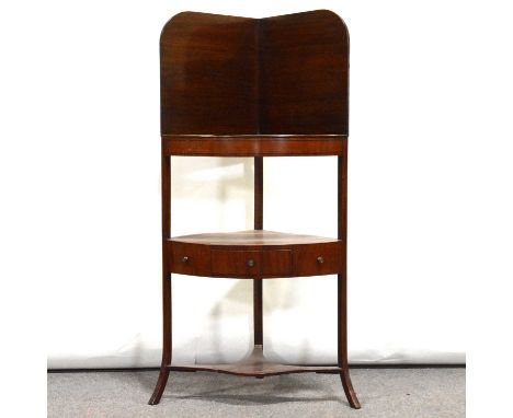 Victorian mahogany corner washstand, high raised back, the undershelf with single drawer, above a further open shelf, depth 4