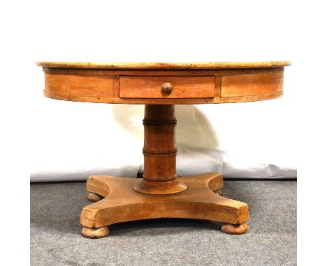 Pine drum top rent table, turned column, platform base on bun feet, diameter 97cm, height 72cm.