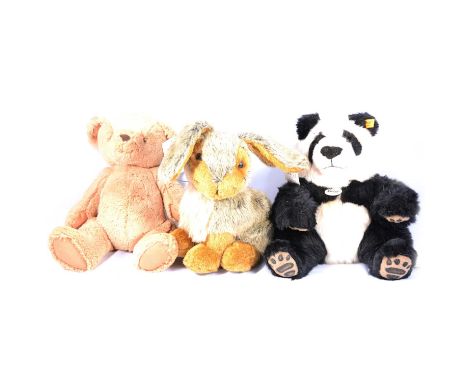 Three boxes of various soft toys,including Steiff ref. 064258 Panda (x2); John Lewis 'Classic Bear' 10"; Short Stop Rabbit dr