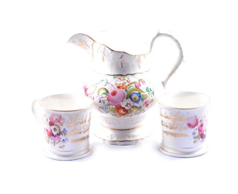 Staffordshire named jug, ‘Thomas Lucas, born Feb 1788, Sarah Lucas, born Feb 1789’, painted floral sprays, 21cm; and two rela