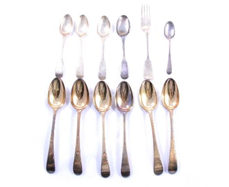 A small collection of silver flatware, inlcuding a set of six 18th century tablespoons, brightcut outlines, marks rubbed, tog