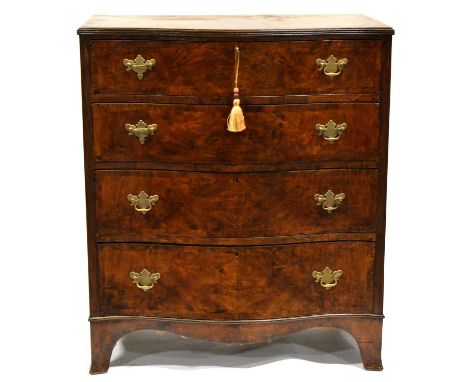 Walnut chest of drawers, 20th Century, serpentine front with four long graduating drawers, spoayed bracket feet, width 85cm, 