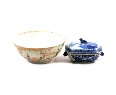 Chinese Export porcelain blue and white sauce tureen, twin mask head handles, width 18cm; and a Chinese polychrome rose bowl,