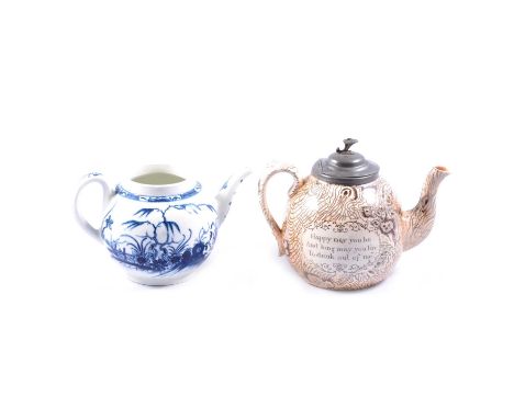 Caughley blue and white teapot, 11.5cm, lacking lid; and a Victorian earthenware teapot, with a pewter lid, with two verse fi