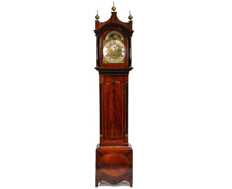 Mahogany longcase clock, hood with three ball finials, turned columns, trunk with long door, bracket feet, twelve inch archae