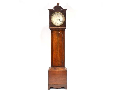 Scottish mahogany longcase clock, hood with arched top and ball finial, trunk with long door, bracket feet, twelve inch circu