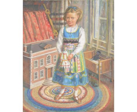 Leighton Hall Waoollatt,Portrait of a young girl, with doll, dolls house, etc.,oil on canvas, signed,92x71cm, unframed.