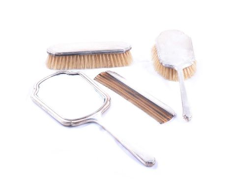 Four-piece silver back dressing table set, Walker &amp; Hall, Sheffield 1954, engine turned backs, including mirror, comb, tw