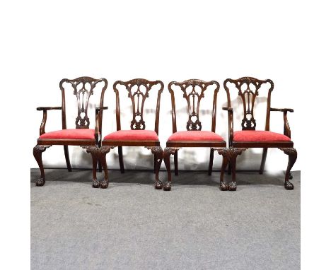 Set of eight Chippendale revival mahogany dining chairs, including two elbow chairs, width 59cm, height 104cm.Qty: 8
