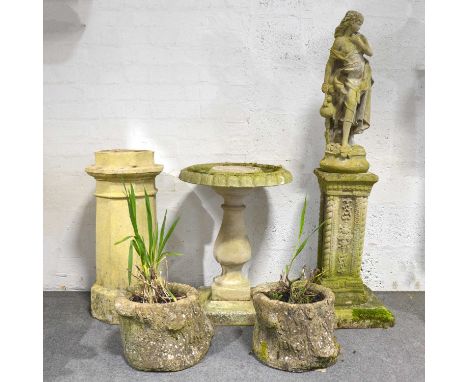 Five reconstituted stone and concrete garden ornaments, including maiden on a column, bird bath, chomney pot, two trunk plant