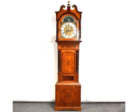 William IV mixed wood longcase clock, hood with bird finial, swan neck pediment, turned columns, trunk with short door, brack