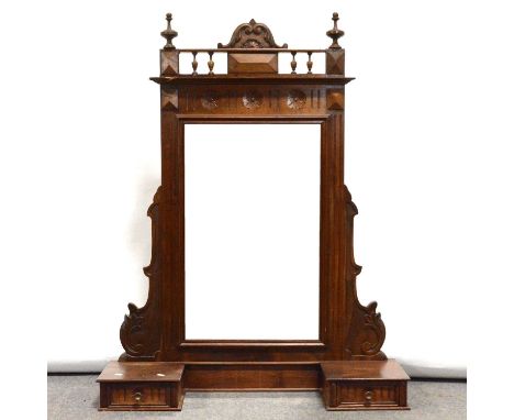 French walnut mirror dresser top, carved top rail with spindle gallery, bevelled rectangular plate, fitted with two trinket d