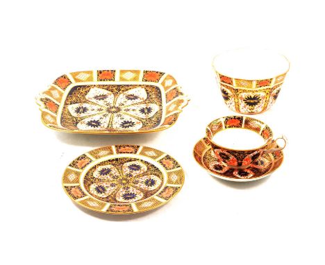 Small collection of Royal Crown Derby Imari pattern tea ware, including cake plate, 27cm, cup and saucer, three trios, bowl.C