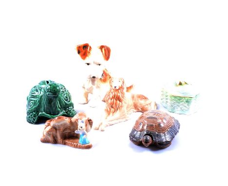 Collection of vintage ceramic animal figurines including Wade large tortoise box and cover, large Sylvac rabbit in matt tan g