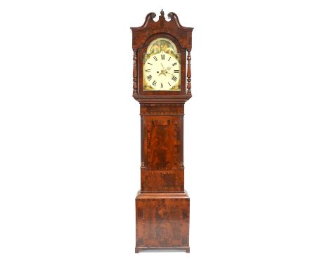 Mahogany longcase clock, hood with urn finial and swan neck pediment, turned columns, trunk with short door, bracket feet, fo