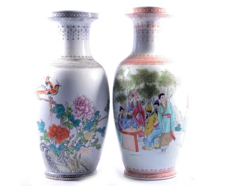 Two pairs of similar large Chinese vases, painted with figures in garden settings, red transferred borders, marked 'Made in C