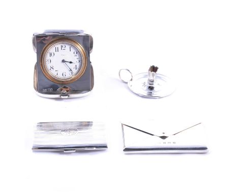 Eight-day silver cased travel clock, white circular dial with Arabic numerals, W&amp;D, Chester 1911, case 9cm; a silver cham