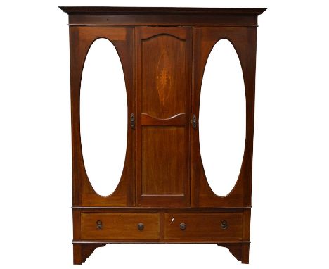 Edwardian inlaid mahogany triple wardrobe, two mirrored door with inlaid central panel, two drawers to the base, bracket feet