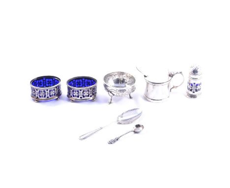 A collection of silver, to incloude a silver three-piece condiments set, Docker &amp; Burn Ltd, Birmingham 1921, pierced bodi