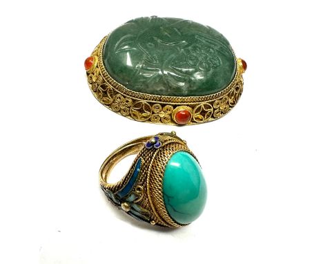 A Silver Chinese Export Gemstone Set Filigree Brooch And Similar Ring (47g) 