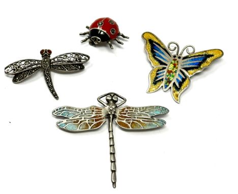 Four Silver Bug Brooches Including Marcasite Set And Enamel (25g) 