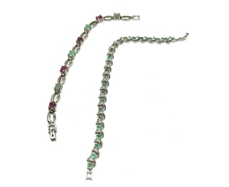 Two Silver Tennis Bracelets Set With Ruby And Emerald (35g) 