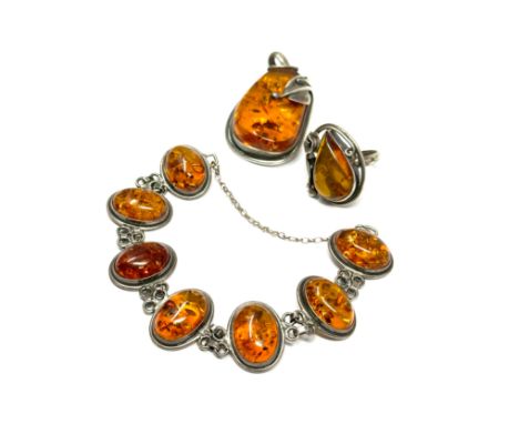 A Silver Amber Set Bracelet, Ring And Pendant (54g) 