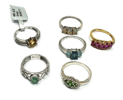 Six Silver Gemstone Set Rings Including Opal, Emerald And Ruby (16g) 