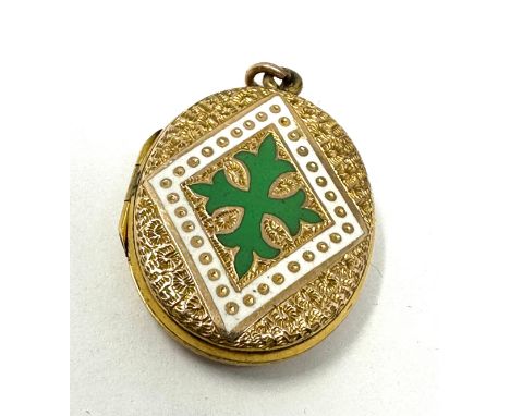 9ct Gold Back &amp; Front Antique White &amp; Green Enamel Oval Locket Pendant (6.1g) 