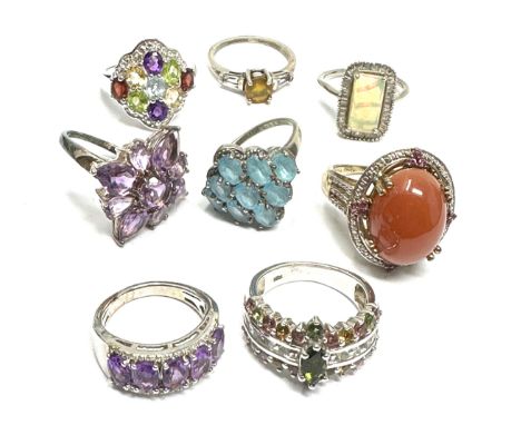 Eight Silver Gemstone Set Rings Including Opal And Topaz (46g) 