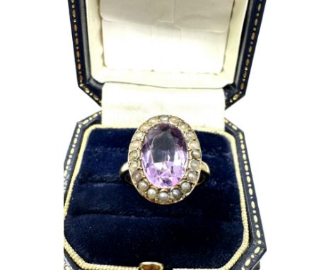 9ct Gold Amethyst &amp; Seed Pearl Oval Halo Ring (5.4g) 