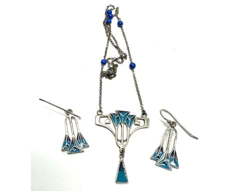 A Silver Arts And Crafts Inspired Enamel Earring And Necklace Set (14g) 