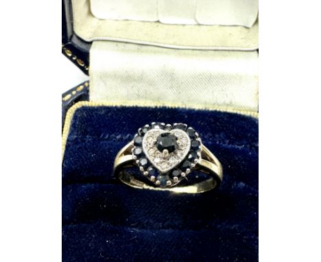 9ct Gold Sapphire &amp; Diamond Heart Cluster Ring (2.7g) 