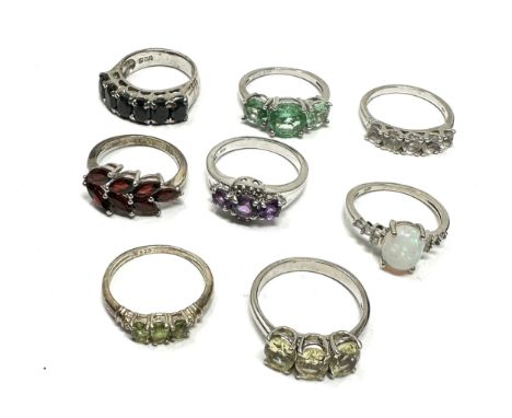 Eight Silver Gemstone Set Rings Including Opal And Sapphire (27g) 