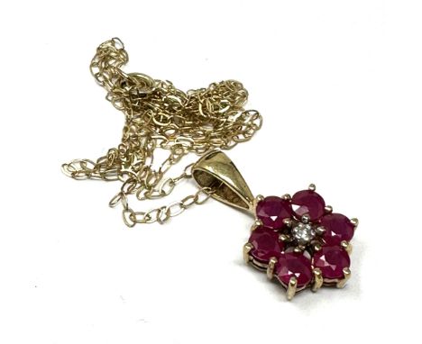 9ct Gold Diamond &amp; Synthetic Ruby  Pendant Necklace (1.2g) 