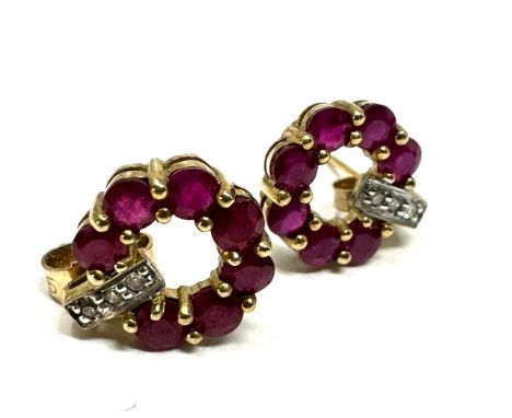 9ct Gold Diamond &amp; Synthetic Ruby Stud Earrings (2.4g) 