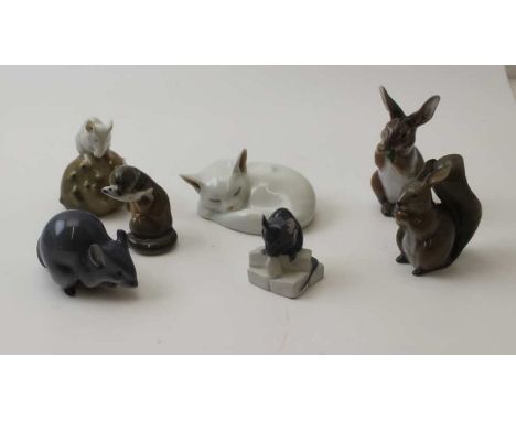 A collection of seven Royal Copenhagen ceramic figures includes; cat, squirrel, otter and mice&nbsp;