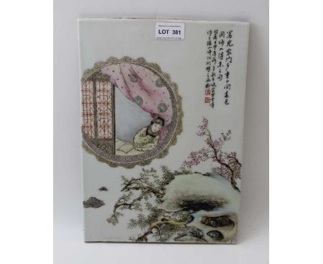 Hand painted Oriental porcelain panel of a day-dreaming female with much script and red seals