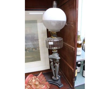 A classical design oil lamp and shade ( converted - The cable comes in at the top at the brass burner mechanism, just above t