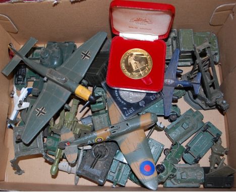 Assorted largely army and Royal Air Force related diecast models, to include Dinky Spitfire MkII, Lesney vehicles etc