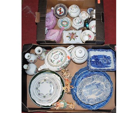 Two boxes of miscellaneous china, to include George Jones &amp; Sons blue and white transfer decorated Shredded Wheat dish, C