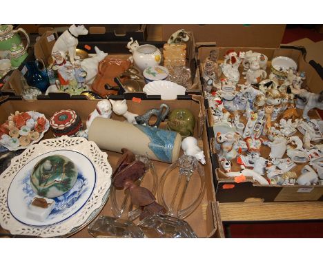 Three boxes of china and glass miscellaneous items to include various farings and ornaments, crested china animals, pair of g