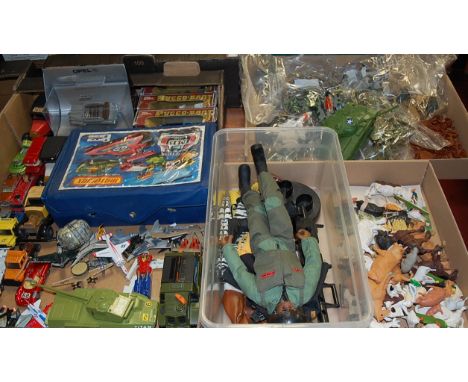 Two boxes of mixed toys to include loose playworn diecast vehicles, various plastic army figures, and plastic Britains farmya