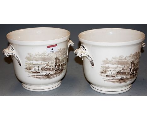 A pair of Copeland Spode cache pots, each transfer decorated with a harbour scene, h.15cm