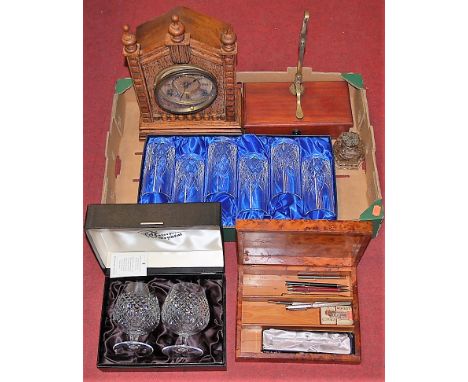 A box of miscellaneous items to include a burr yew pen box and contents to include Kent and Kerwin textured fountain pen, lat
