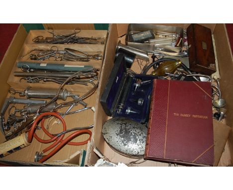 Two boxes of assorted medical and surgeons tools and instruments etc