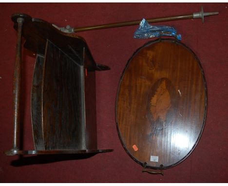 An Edwardian inlaid mahogany galleried tray, an oak magazine rack, and a shooting stick (3)