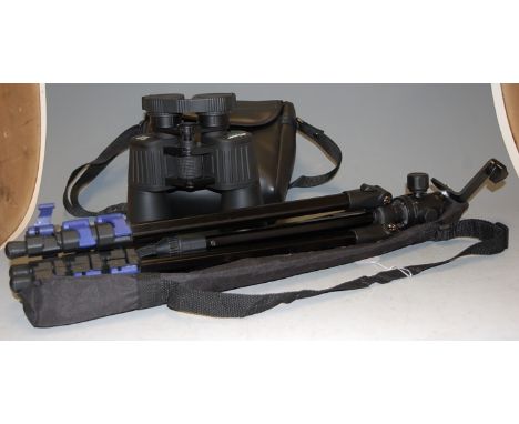 A pair of Helios 10x50 binoculars; together with a camera tripod and canvas case (2)