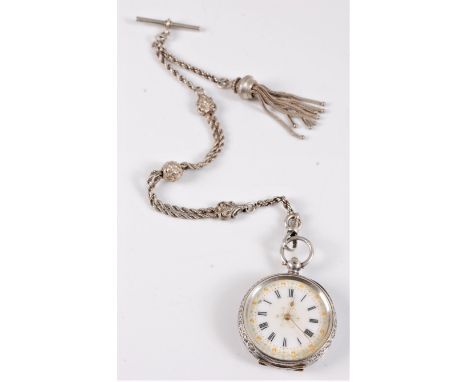 A lady's Swiss silver pocket watch and chain, the white enamel dial with coloured foliate decoration, black Roman numerals an